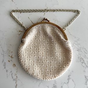 Vintage Pearl Beaded Cream Evening Bag Goldtone Hardware